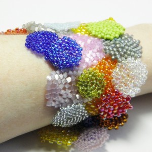 Hexagon patchwork bracelet, stash busting beading projects, Katie Dean