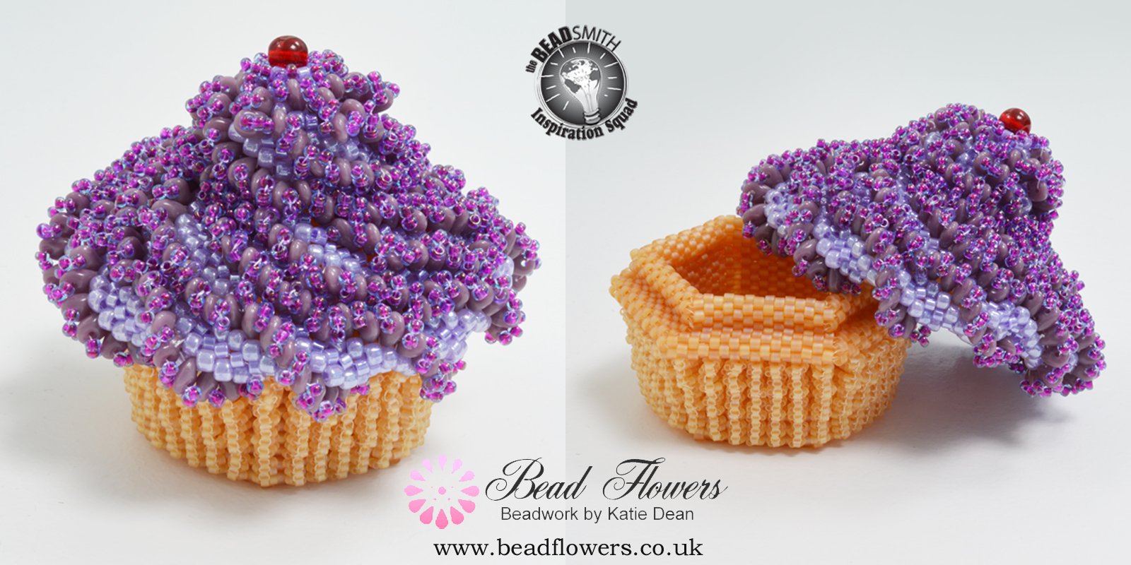 Cupcake Beaded Box pattern, Katie Dean, Beadflowers. Learn how to do Peyote stitch in the ditch technique, My World of Beads
