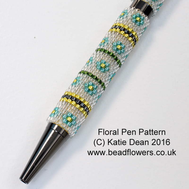 Flowal pen pattern for beaded pen wraps, Katie Dean, beadflowers. Use this to learn odd count peyote. My World of Beads.