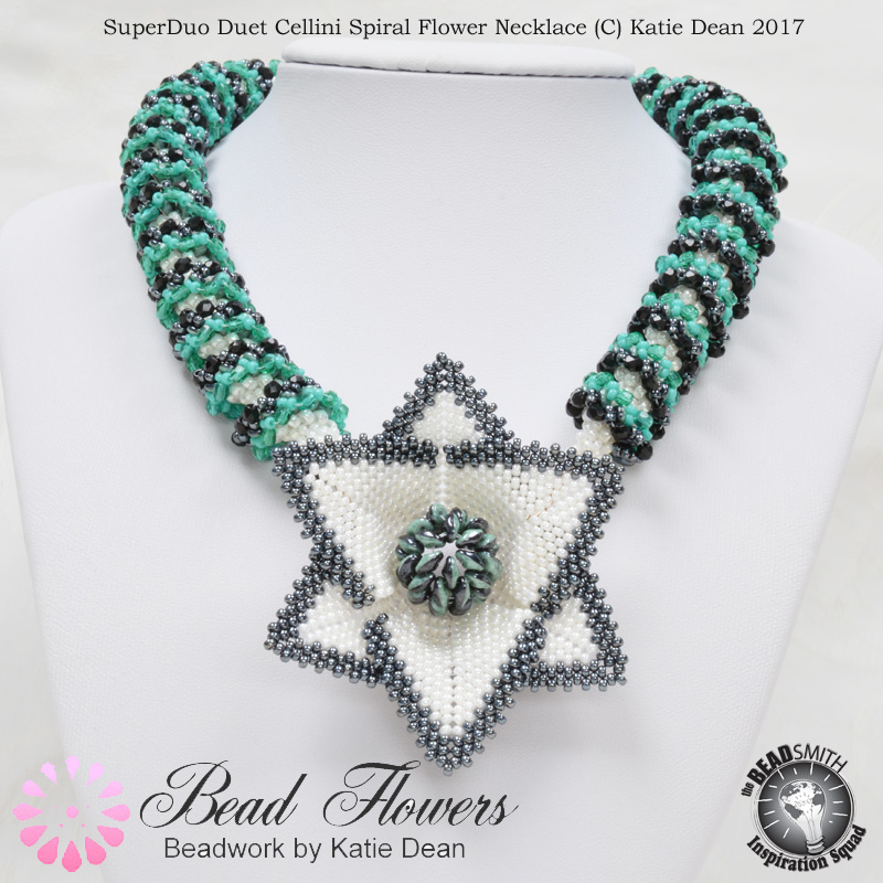 Superduo duet cellini spiral flower necklace pattern, Katie Dean, Beadflowers