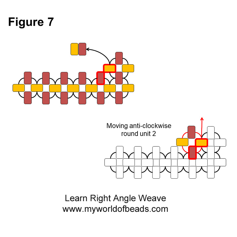 Basic Right Angle Weave, row 2. Katie Dean, My World of Beads