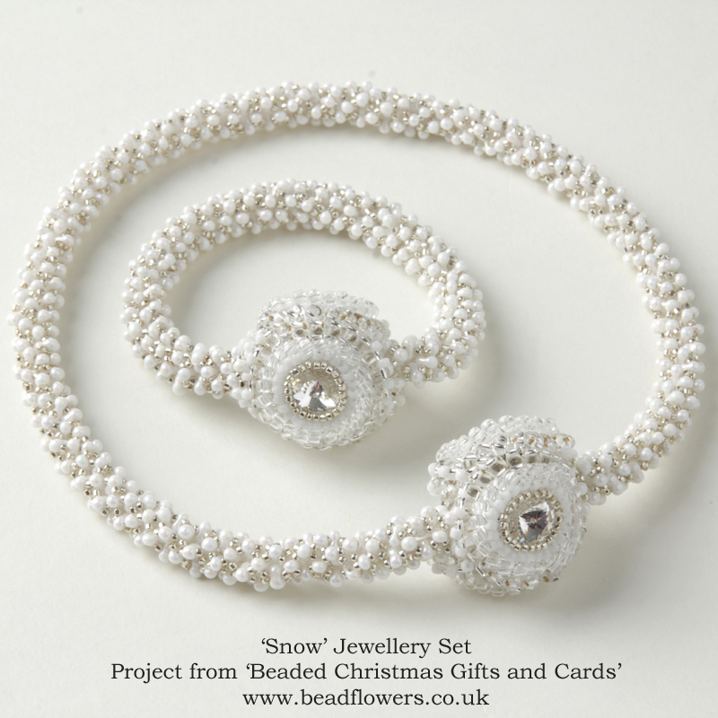 Snow jewellery set from Beaded Christmas Gifts and Cards ebook, by Katie Dean
