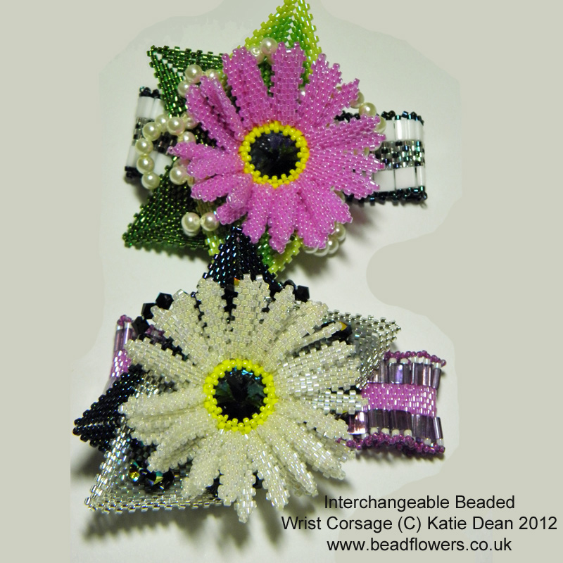 Peyote stitch flower patterns for interchangeable wrist corsage, Katie Dean, Beadflowers