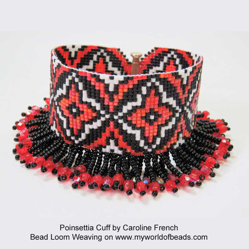 Poinsettia Cuff, bead loom weaving, featured on My World of Beads