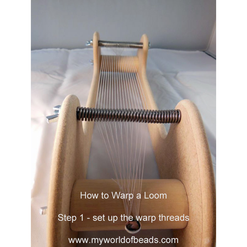 The warp threads in place, how to start a bead loom weaving project, Caroline French, My World of Beads, Katie Dean