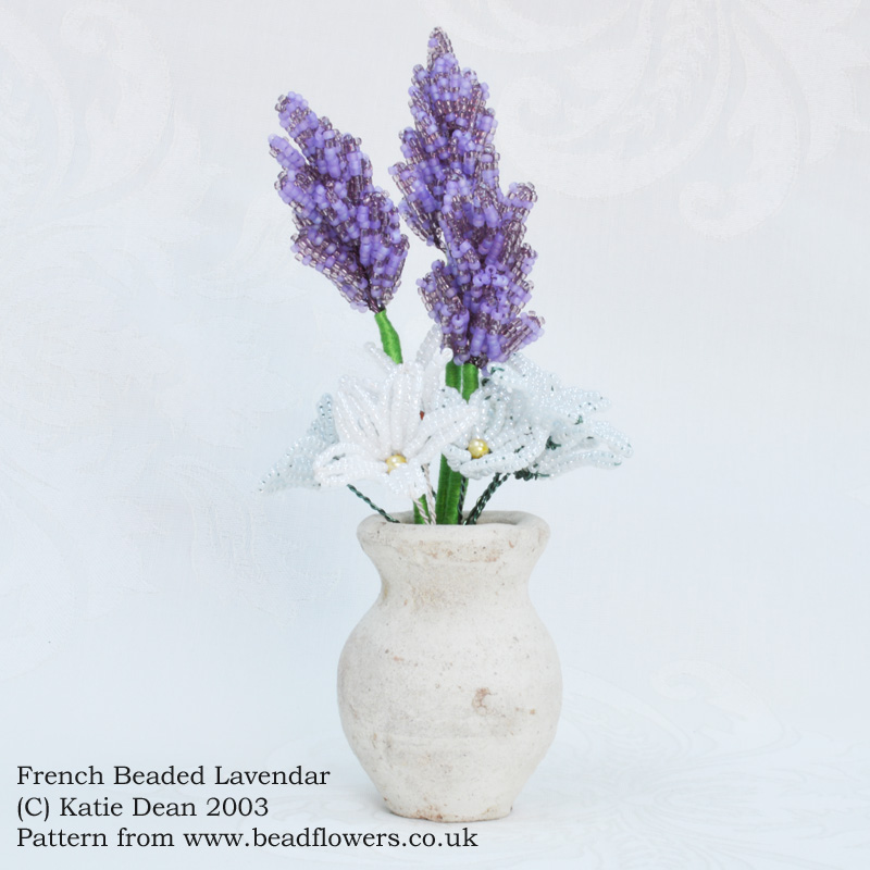 French beaded lavendar in a home-made pottery vase, Katie Dean, My World of Beads
