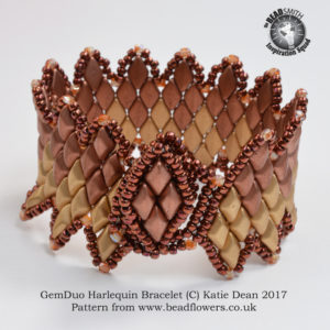 GemDuo Harlequin bracelet pattern. How to do square stitch with seed beads, How to increase the size of a beading project, Katie Dean, My World of Beads