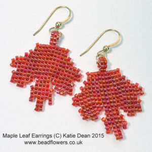 Maple leaf earrings pattern. How to shape square stitch in beading. Katie Dean, My world of beads.