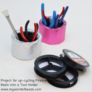 Easy beading tool holder to make from Fireline reels, Katie Dean, My World of Beads