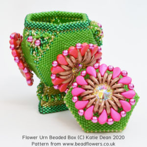 Flower urn beaded box pattern, Katie Dean. Made with the free beading tutorial, Paisley Duo flower motif