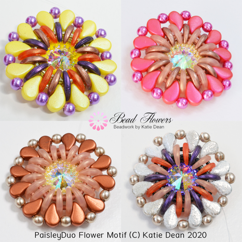 Free Beading Tutorial, Paisley Duo Flower Motif, Katie Dean, My World of Beads