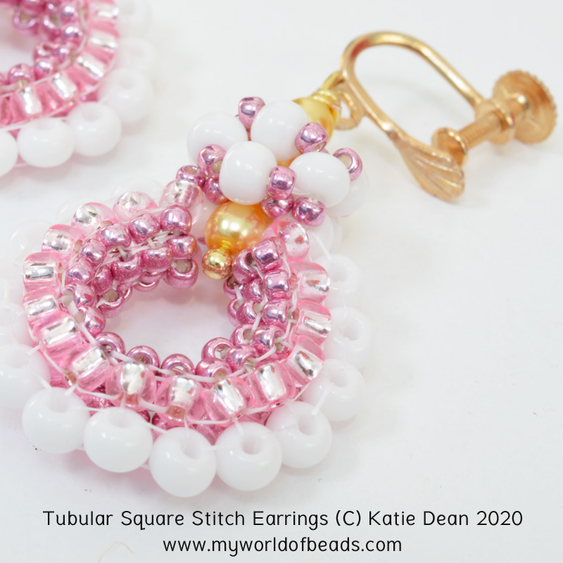 Earrings made in the tubular variation of square stitch, Katie Dean, My World of Beads